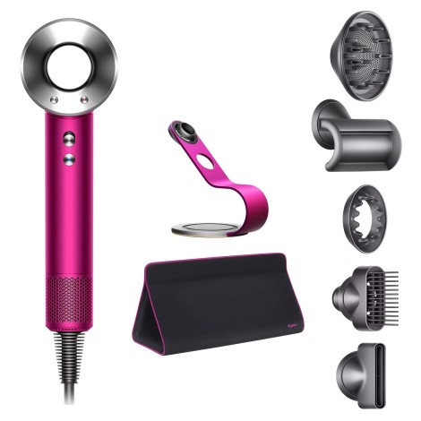 Фен Dyson Supersonic HD07 (фуксия/яркий никель) с 5 насадками, черным дорожным чехлом и подставкой