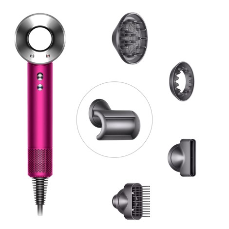 Фен Dyson Supersonic HD07 (фуксия/яркий никель) с 5 насадками и черным дорожным чехлом